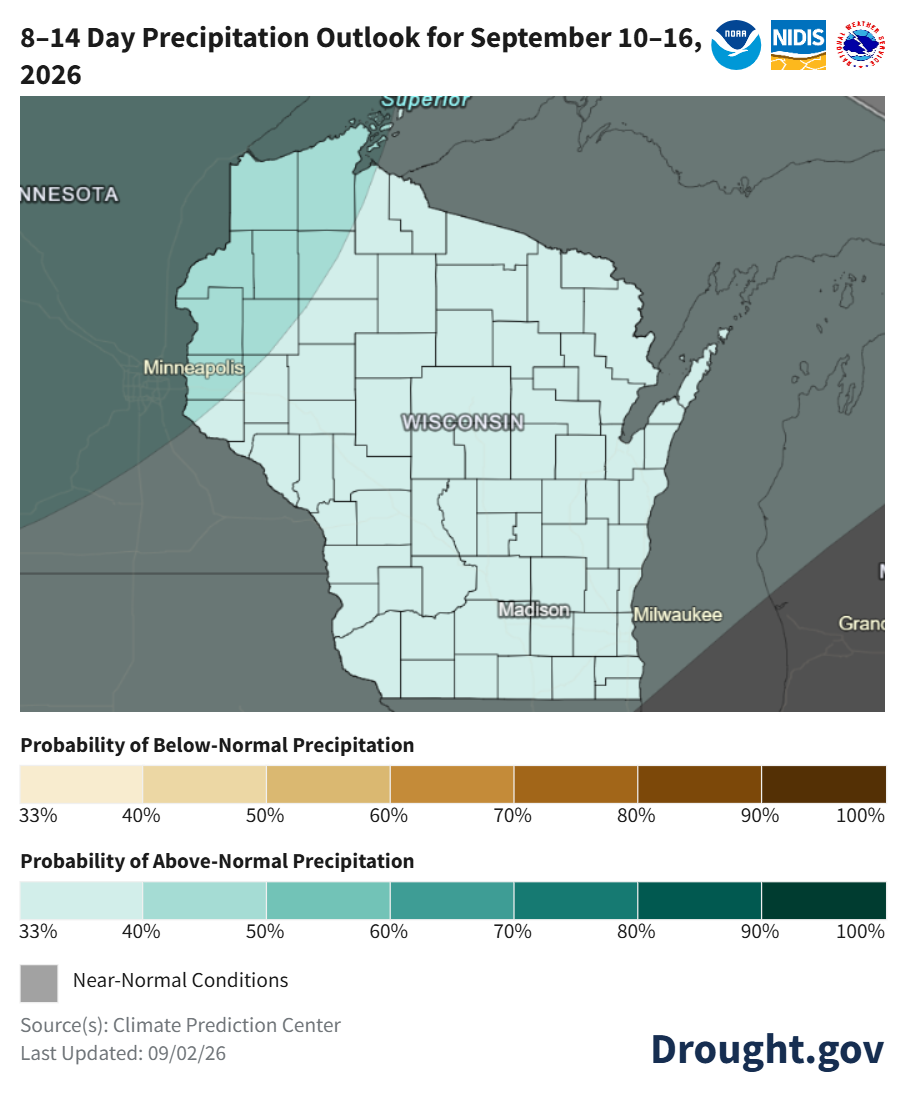 8 to 14 day precipitation outlook map for Wisconsin for September 10 to 16, 2026.