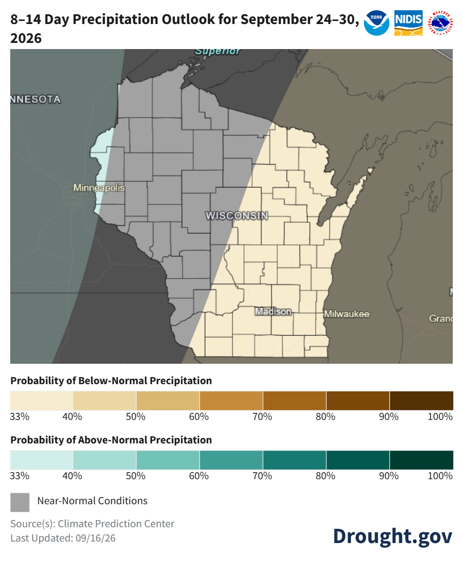 NOAA 8-14 day precipitation outlook map for Wisconsin covering September 24 to 30, 2026.