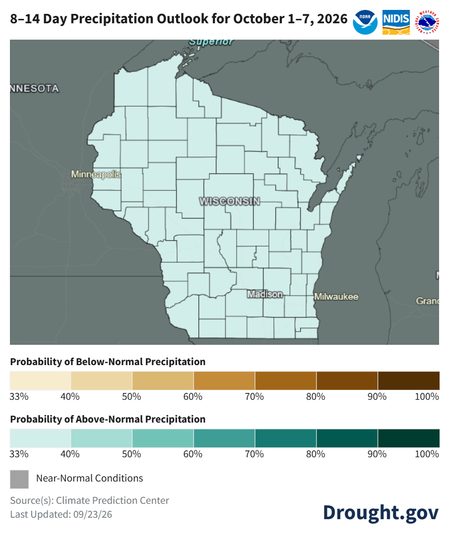  Drought.gov map showing 8 to 14 day precipitation outlook for Wisconsin, Oct 1-7, 2026.
