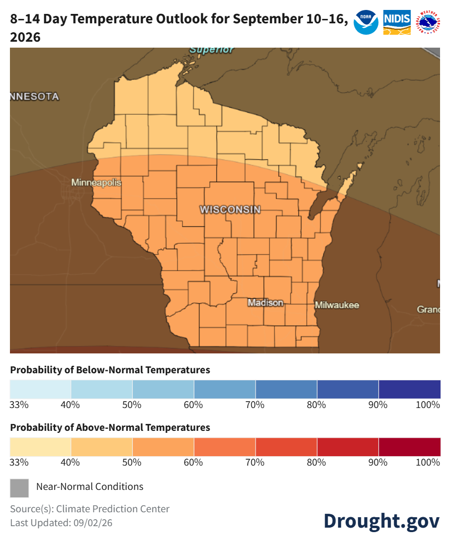 8 to 14 day temperature outlook map for Wisconsin for September 10 to 16, 2026. 