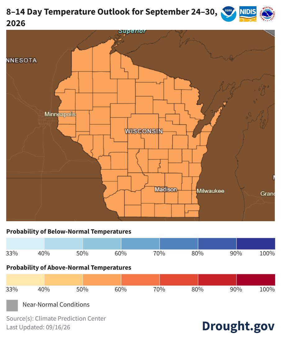 NOAA 8-14 day temperature outlook map for Wisconsin covering September 24 to 30, 2026.