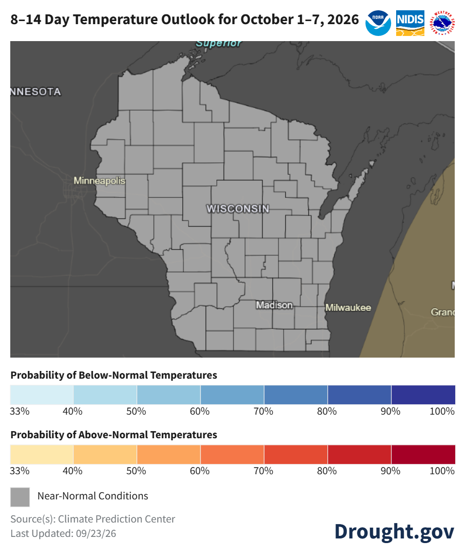 Drought.gov map showing 8 to 14 day temperature outlook for Wisconsin, Oct 1-7, 2026.