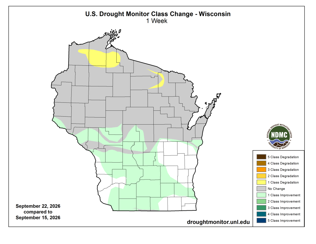 Drought Monitor 1-week class change map for Wisconsin comparing September 22, 2026 to September 15, 2026.