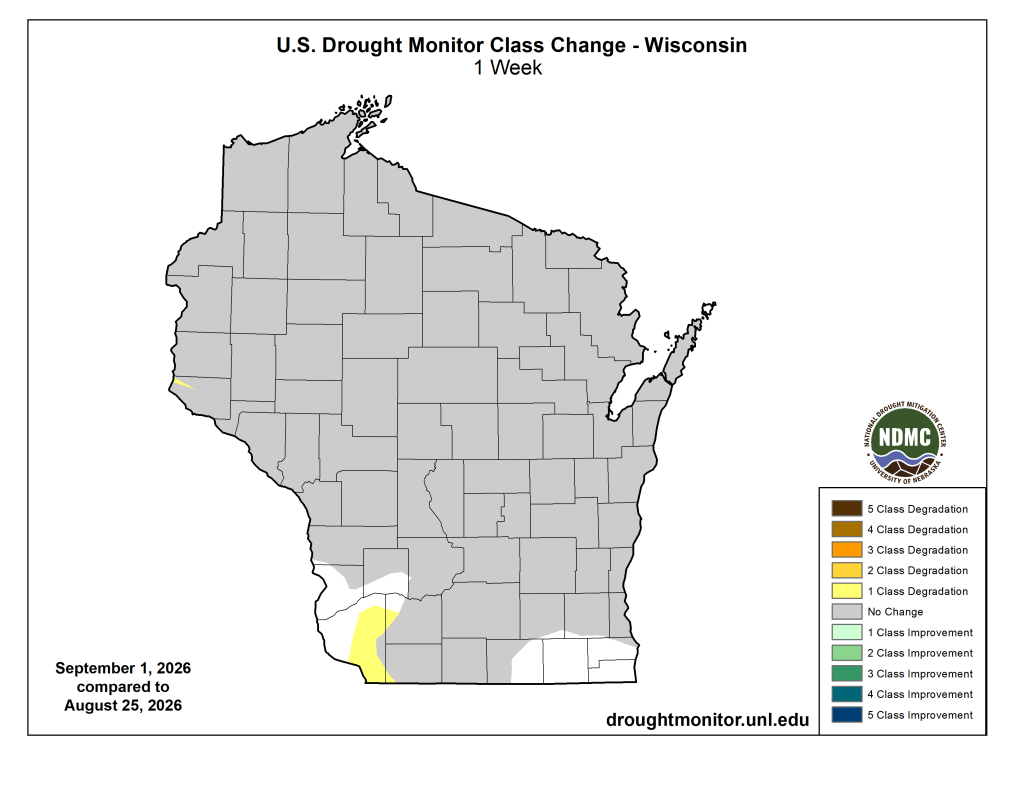 Map of Wisconsin showing 1-week U.S. Drought Monitor class changes from August 25 to September 1, 2026.