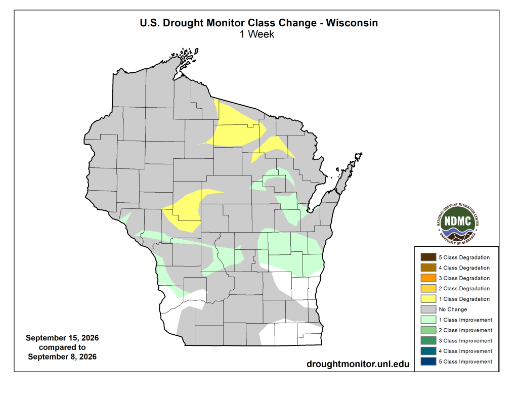 Map showing one-week U.S. Drought Monitor class changes in Wisconsin from September 8 to September 15, 2026.