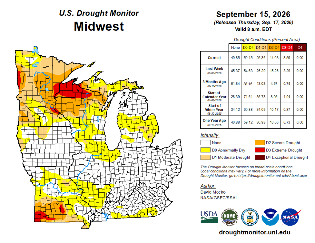  U.S. Drought Monitor map for the Midwest region released September 17, 2026, showing drought conditions as of September 15.