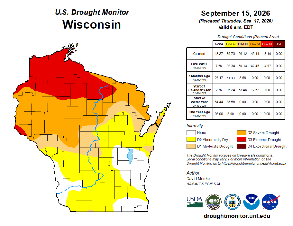U.S. Drought Monitor map for Wisconsin released September 17, 2026, showing 86.73 percent of the state in abnormally dry to extreme drought.