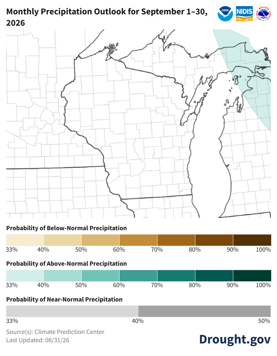 Climate map showing equal chances of above, below, or near-normal precipitation for Wisconsin in September 2026.