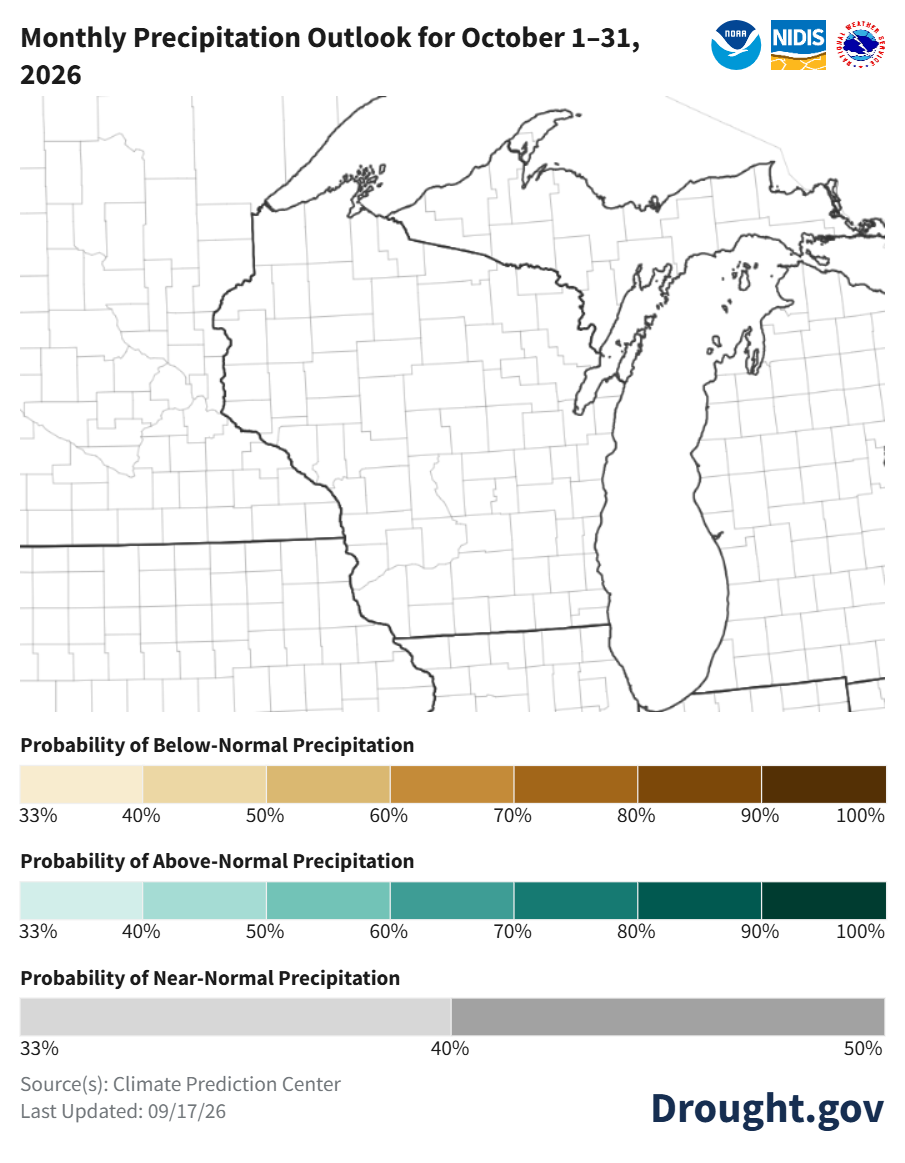 Monthly precipitation outlook map for October 1–31, 2026, showing equal chances of above, below, or near-normal precipitation for Wisconsin.