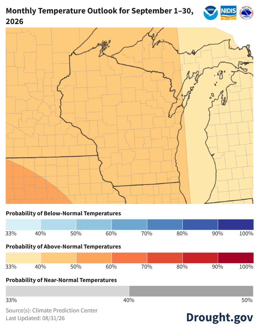Climate map showing a 40 to 50 percent probability of above-normal temperatures across Wisconsin for September 2026.