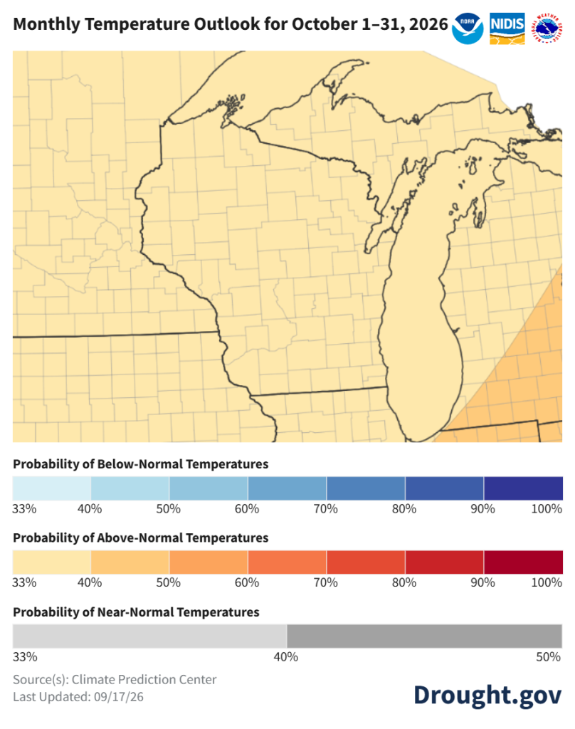 Monthly temperature outlook map for October 1–31, 2026, showing a 33% to 40% probability of above-normal temperatures across Wisconsin. 