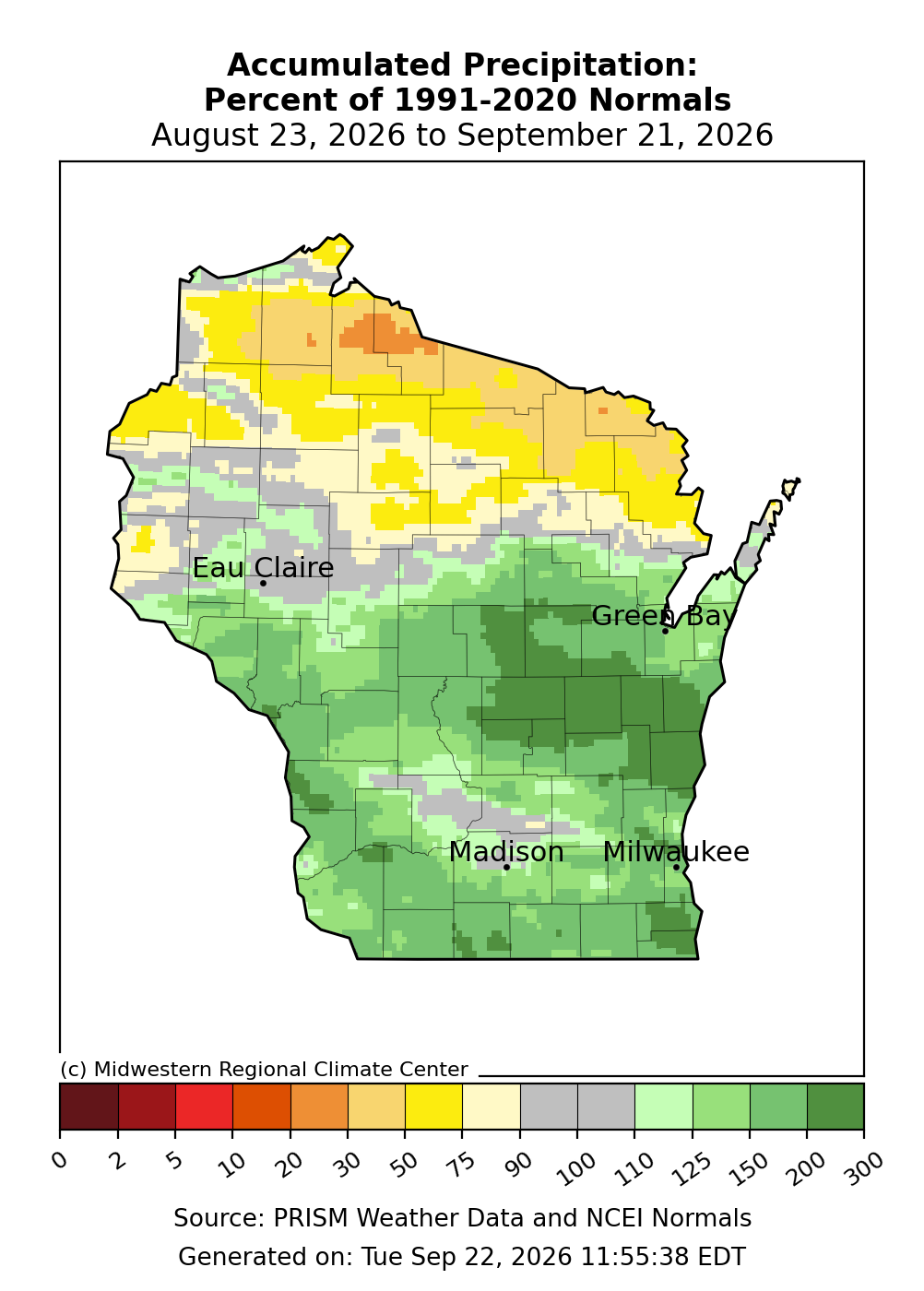 Wisconsin map showing accumulated precipitation as a percent of normal, August 23 to September 21, 2026.