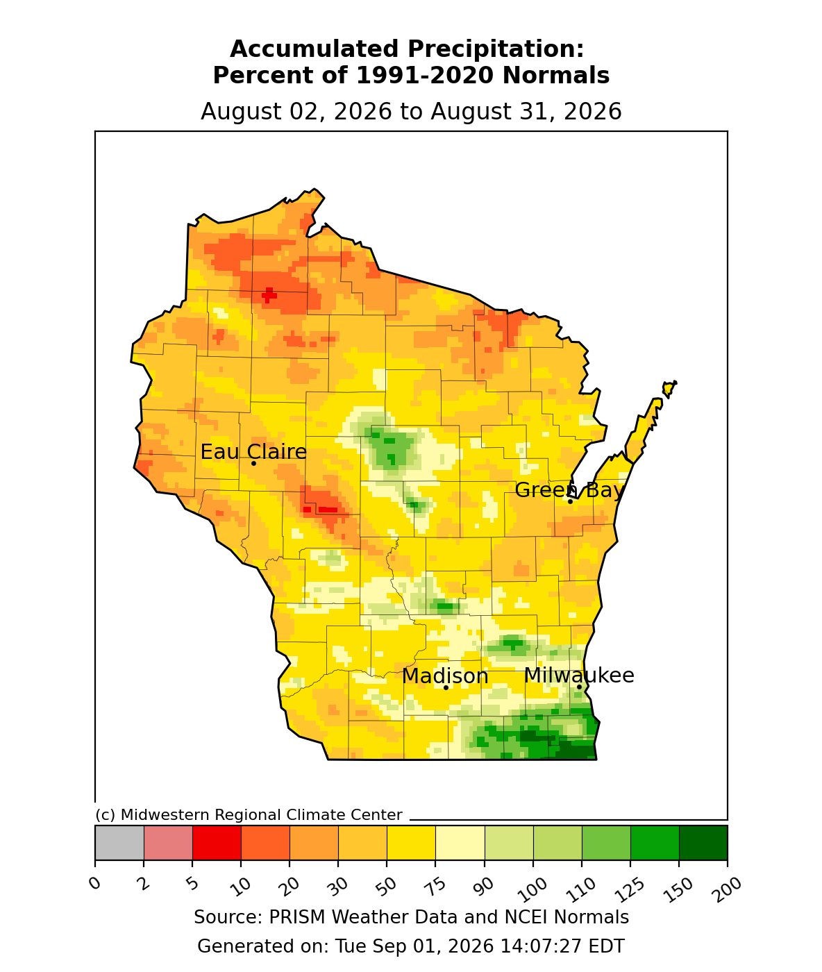 Map showing Wisconsin accumulated precipitation as a percent of 1991-2020 normals from August 2 to August 31, 2026.