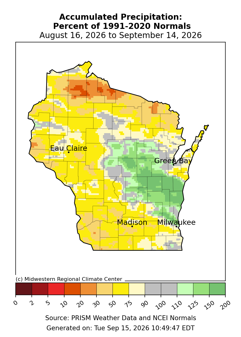 Map of Wisconsin showing 30-day accumulated precipitation as a percentage of 1991–2020 normals from August 16 to September 14, 2026. 