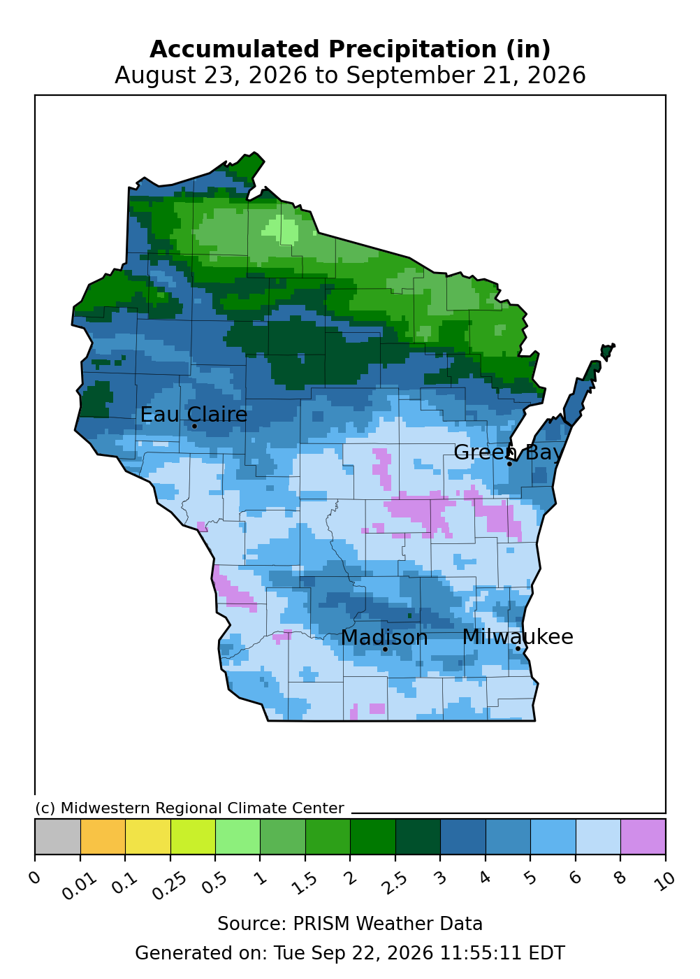 Wisconsin map showing accumulated precipitation in inches from August 23 to September 21, 2026.