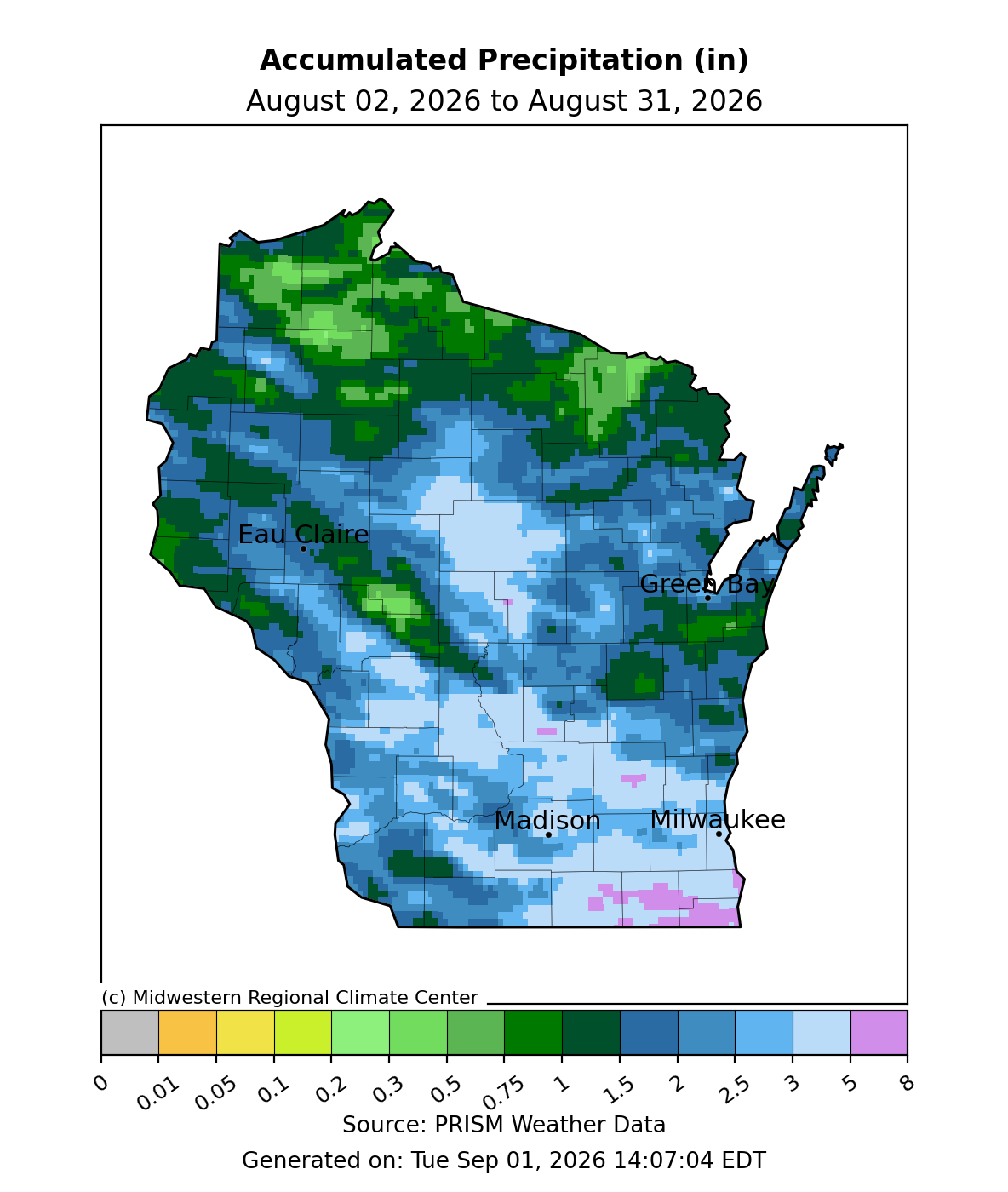 Map showing total accumulated precipitation in inches across Wisconsin from August 2 to August 31, 2026.