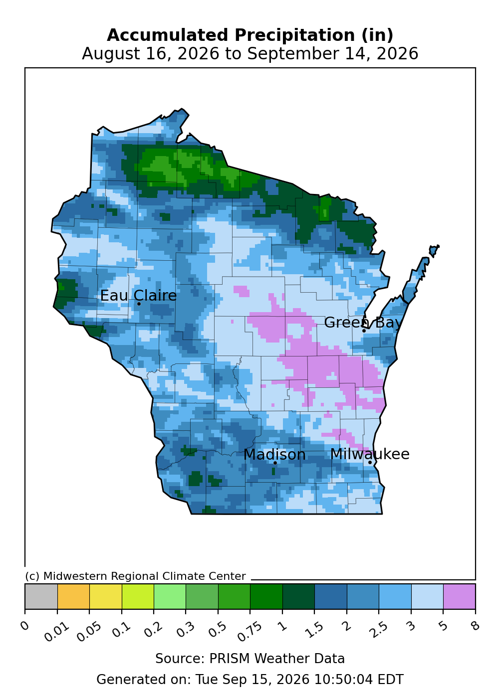Map of Wisconsin total accumulated precipitation in inches from August 16 to September 14, 2026.