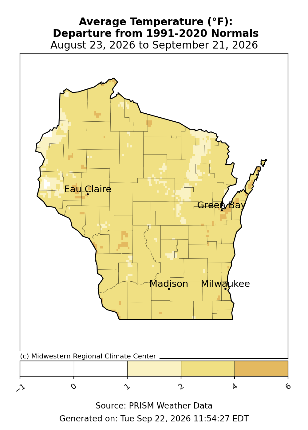 Wisconsin map showing 30-day average temperature departure from 1991-2020 normals, August 23 to September 21, 2026.