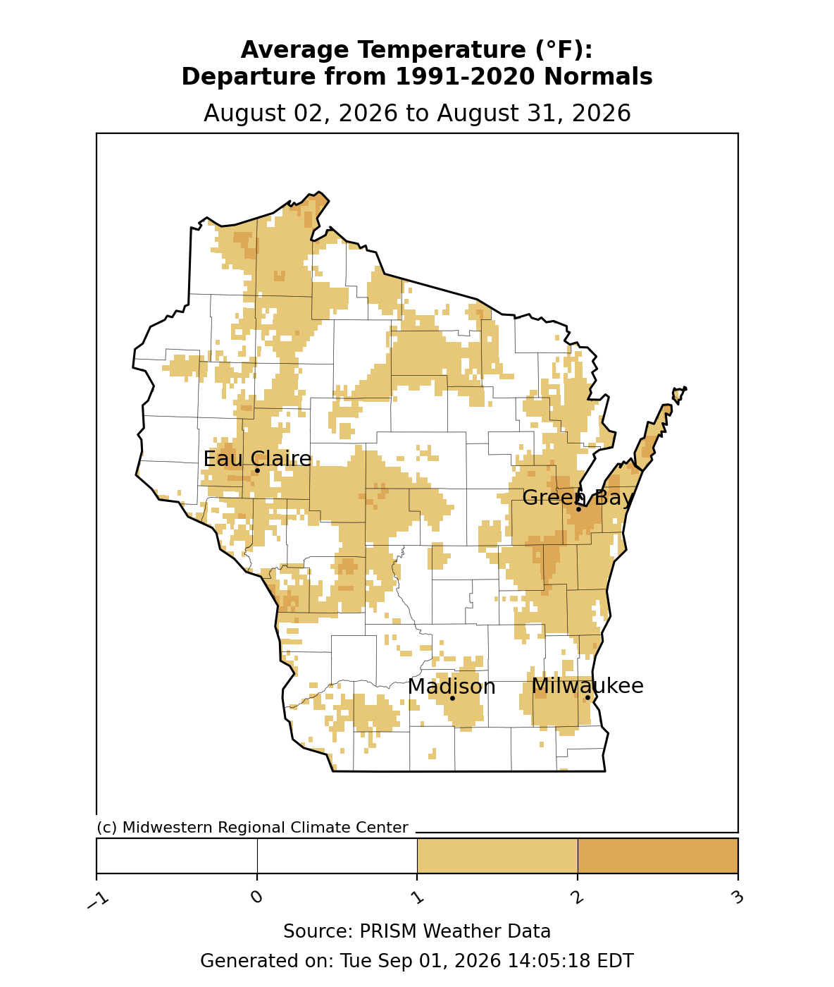 Map of Wisconsin average temperature departure from 1991-2020 normals, August 2 to August 31, 2026.