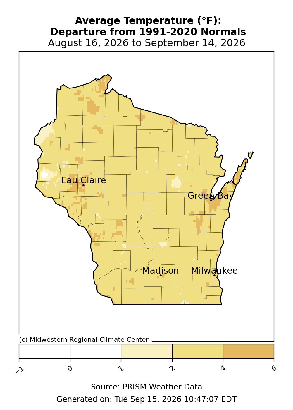Map of Wisconsin 30-day average temperature departure from 1991–2020 normals, August 16 to September 14, 2026.