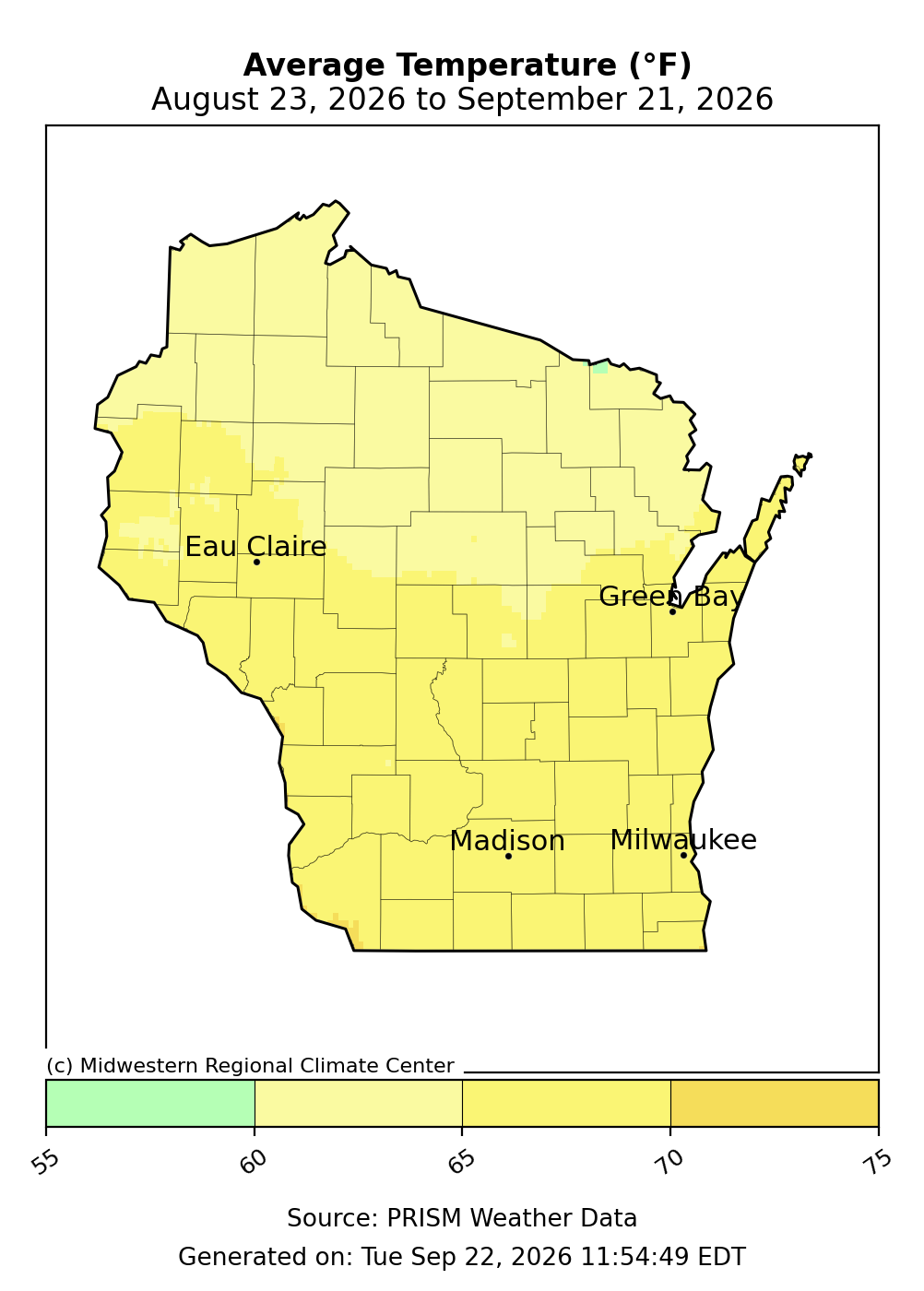 Wisconsin map showing average temperature from August 23 to September 21, 2026.
