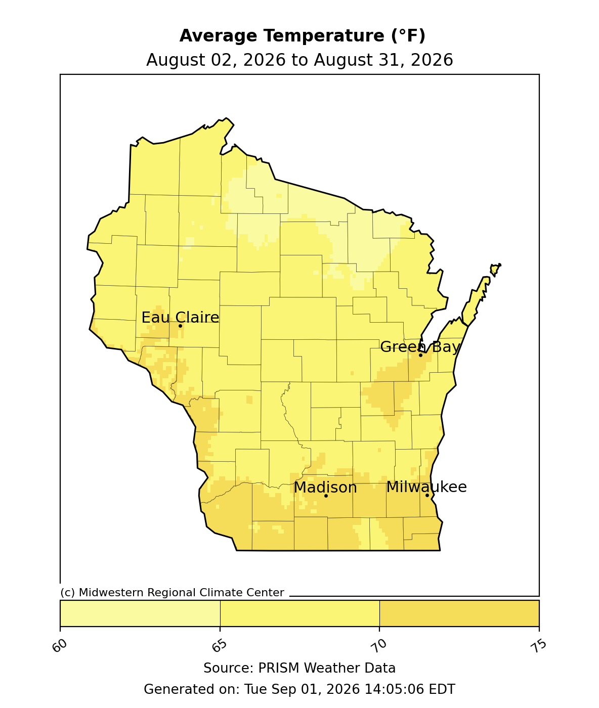 Map of Wisconsin average temperature in degrees Fahrenheit, August 2 to August 31, 2026.