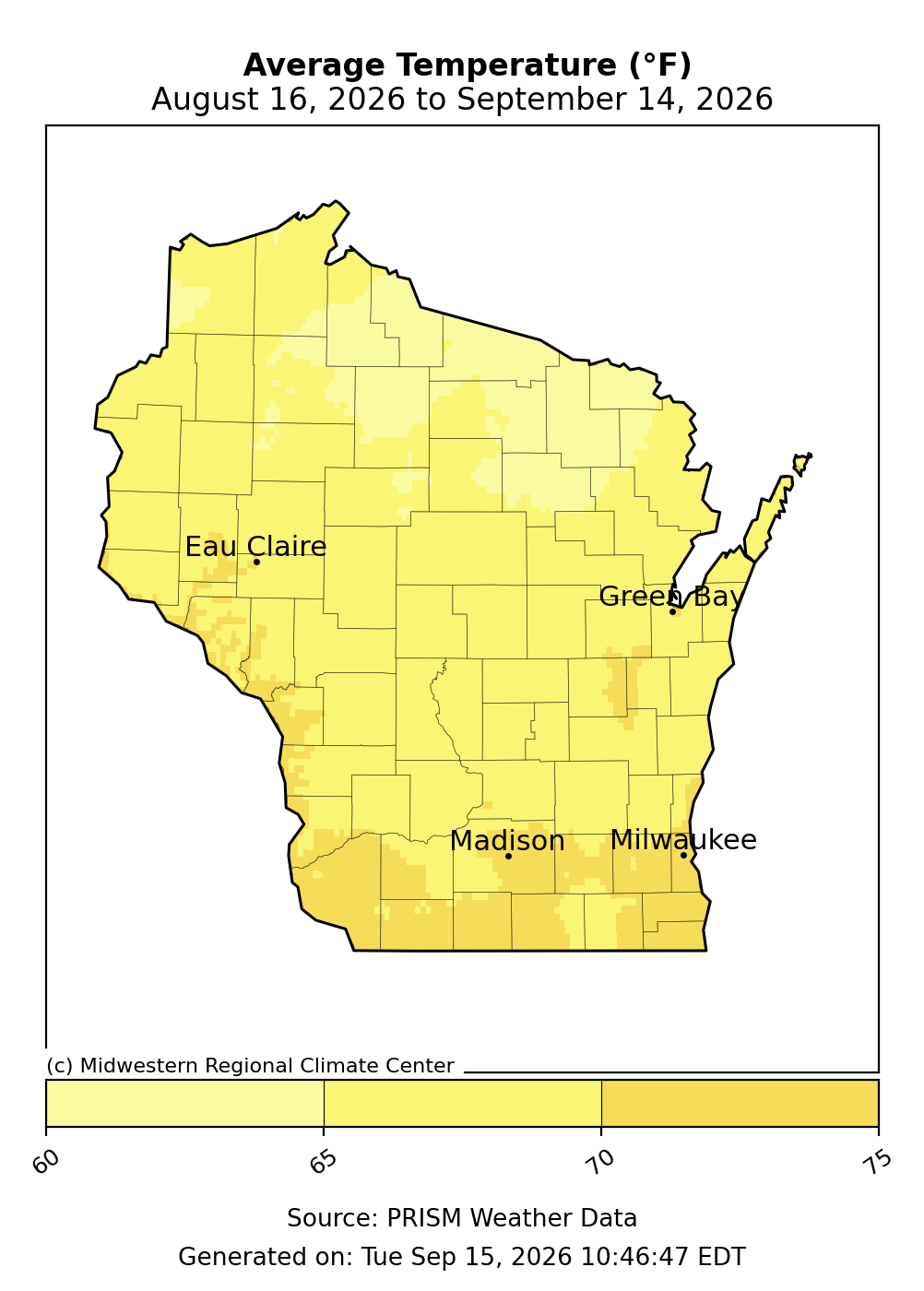 Map of Wisconsin 30-day average temperature in degrees Fahrenheit from August 16 to September 14, 2026.