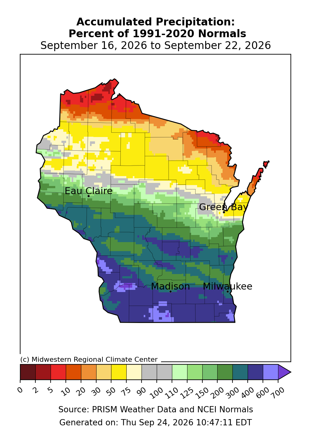 Map of Wisconsin accumulated precipitation as percent of 1991-2020 normals, Sept 16-22, 2026.