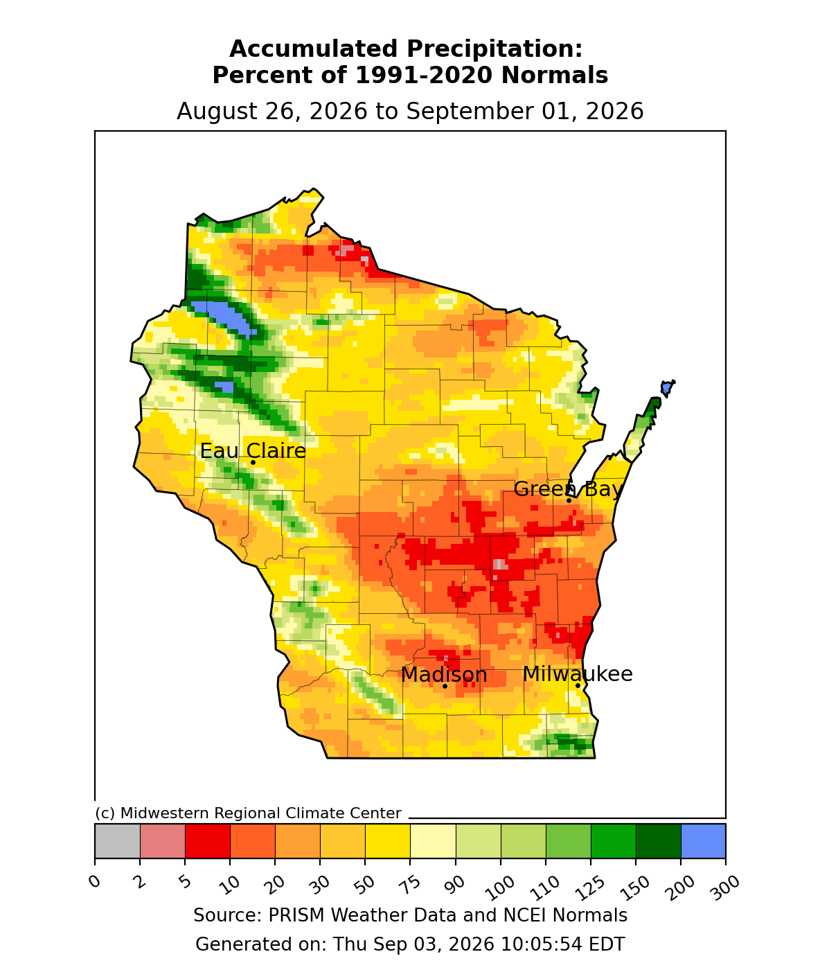 Wisconsin map showing accumulated precipitation as a percent of 1991 to 2020 normals from August 26 to September 01, 2026.