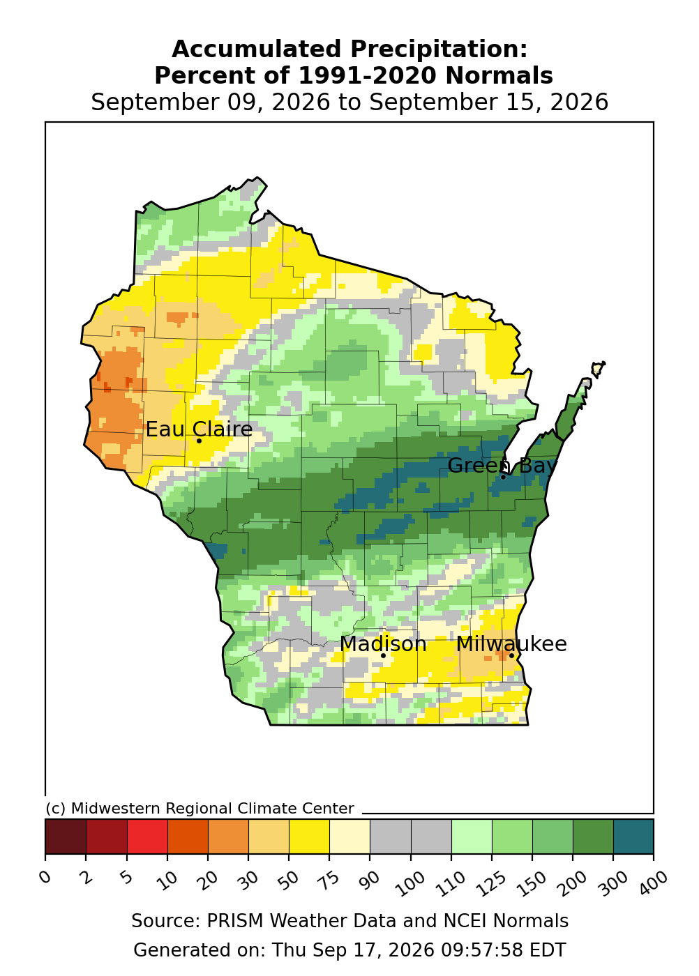 Map of Wisconsin showing precipitation as percent of normal, Sept 9–15, 2026. Western WI 150–300%+ of normal; northern/central WI 50–90%; rest near normal.