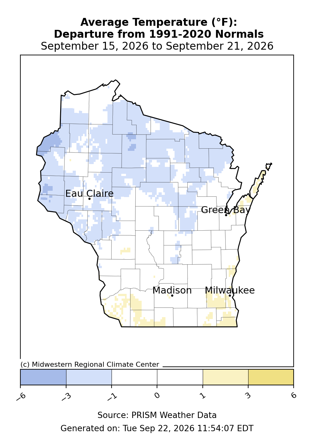 Wisconsin map showing 7-day average temperature departure from 1991-2020 normals, September 15 to September 21, 2026.