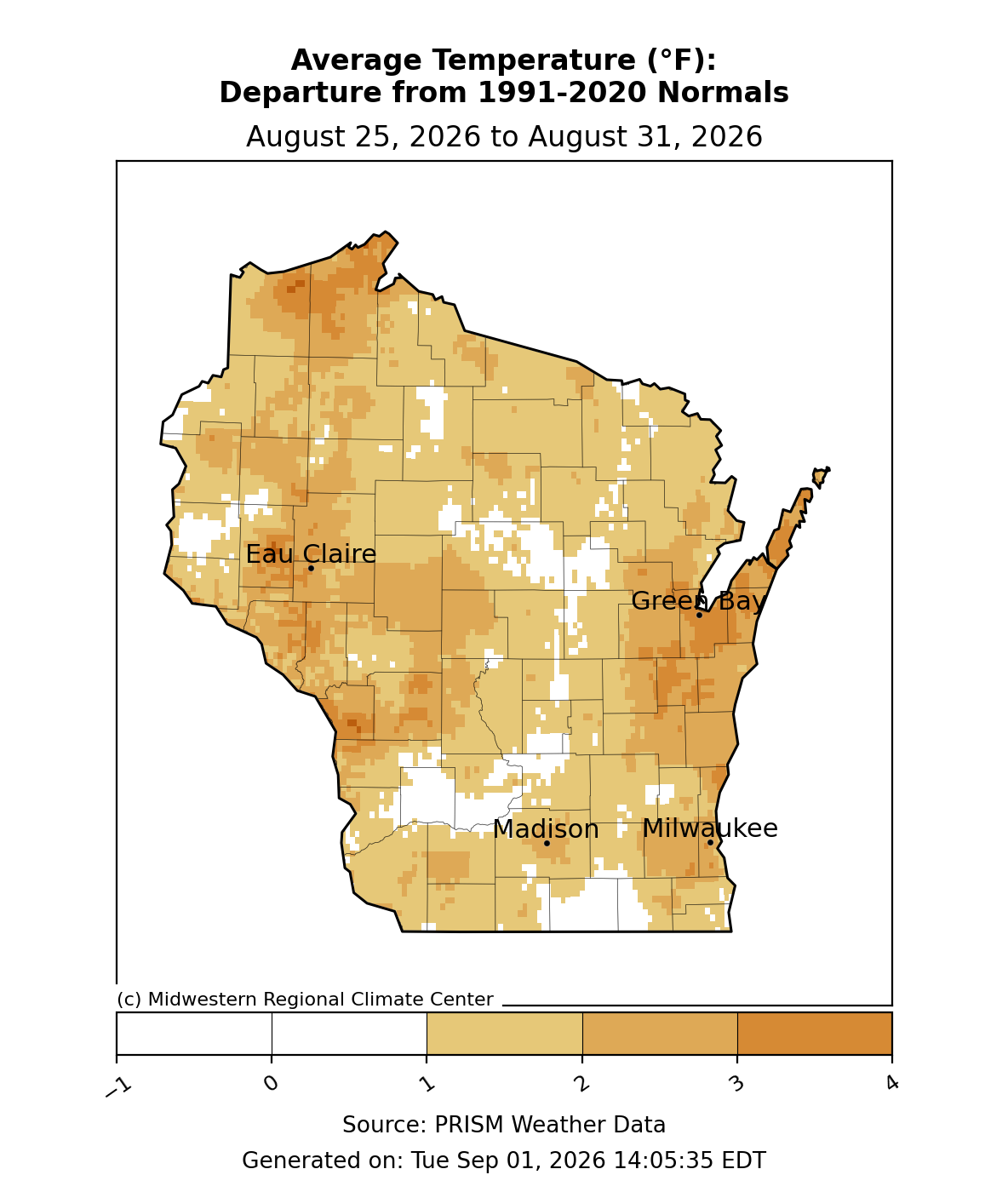Map of Wisconsin average temperature departure from 1991-2020 normals, August 25 to August 31, 2026.