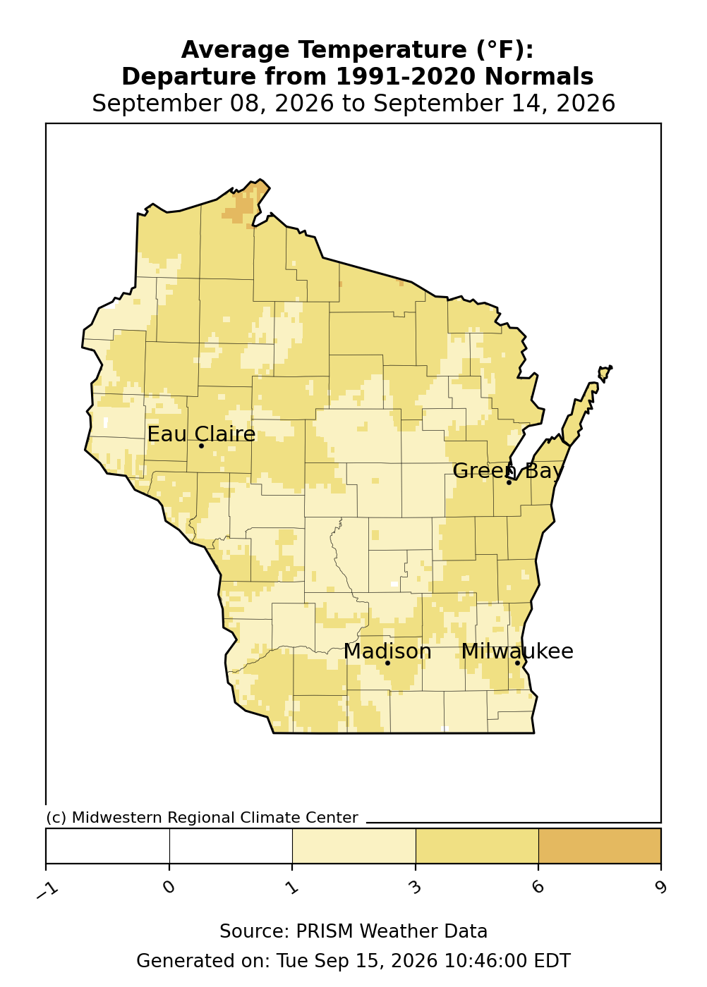 Map of Wisconsin average temperature departure from 1991–2020 normals, September 8 to September 14, 2026.