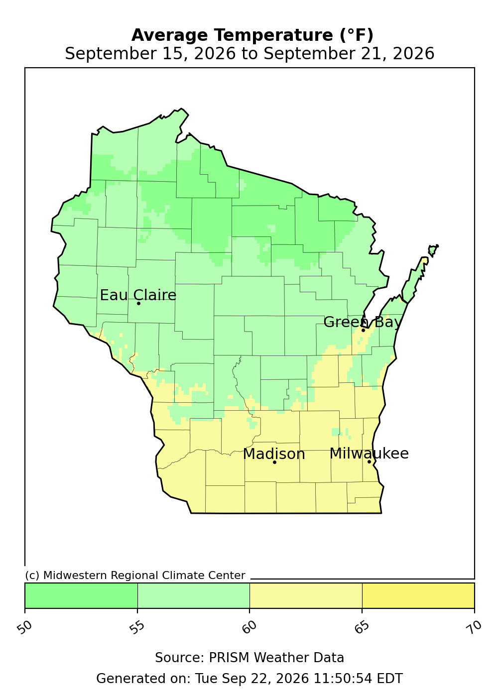 Wisconsin map showing average temperature from September 15 to September 21, 2026.