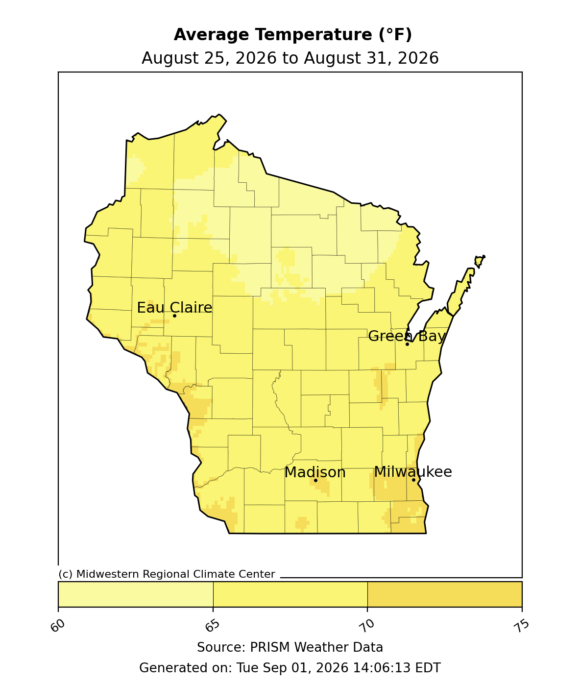 Map of Wisconsin average temperature in degrees Fahrenheit, August 25 to August 31, 2026.