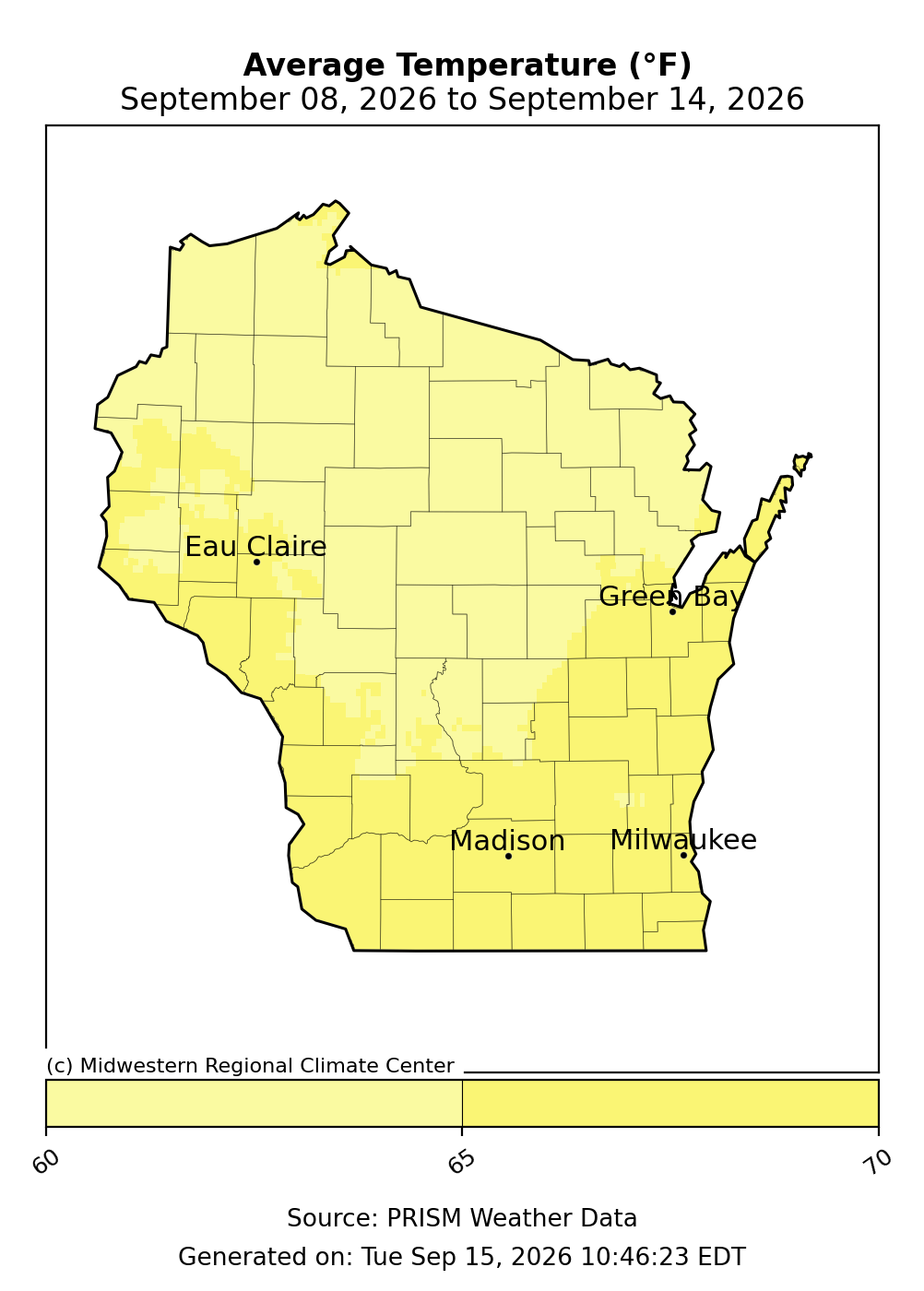  Map of Wisconsin average temperature in degrees Fahrenheit from September 8 to September 14, 2026.