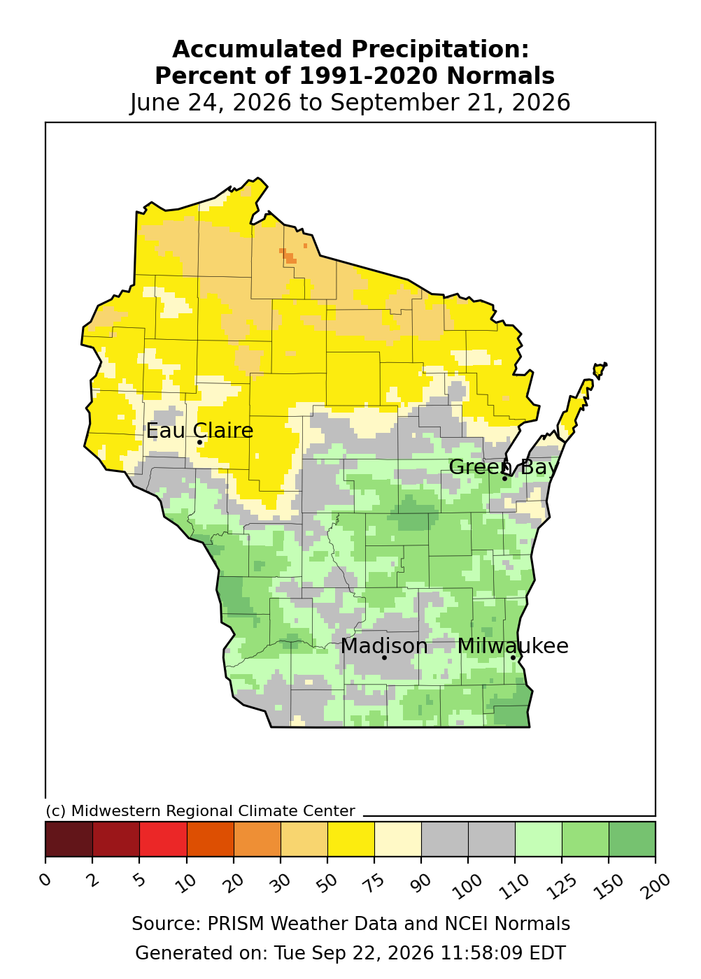 Wisconsin map showing accumulated precipitation as a percent of normal, June 24 to September 21, 2026.