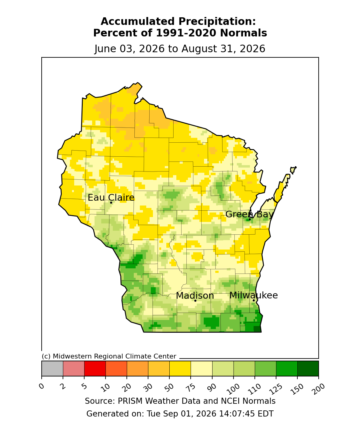 Map of Wisconsin precipitation percent of 1991-2020 normals from June 3 to August 31, 2026.