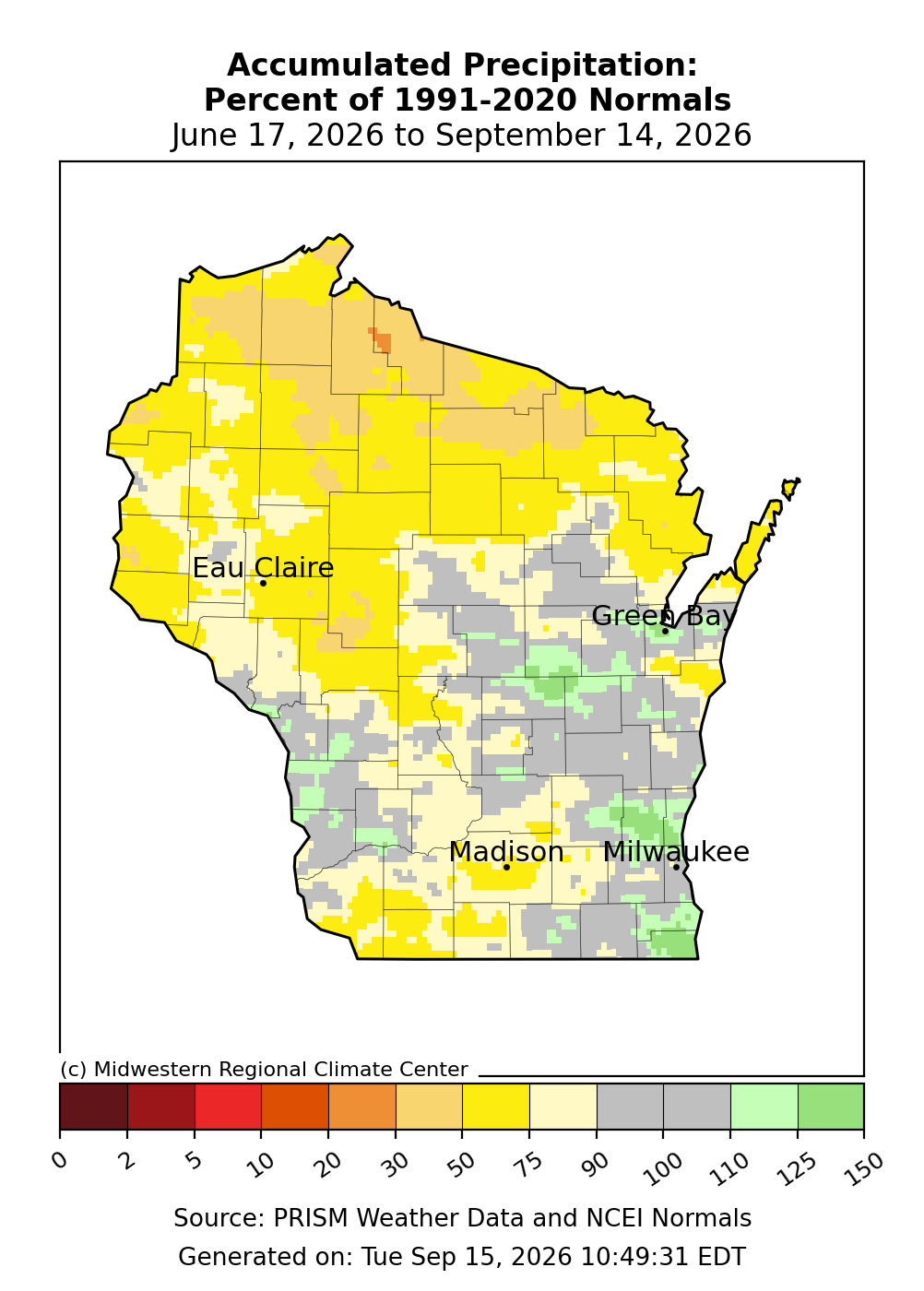 Map of Wisconsin 90-day accumulated precipitation percentage of normal from June 17 to September 14, 2026.