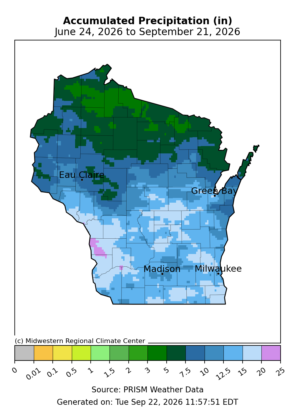 Wisconsin map showing accumulated precipitation in inches from June 24 to September 21, 2026.