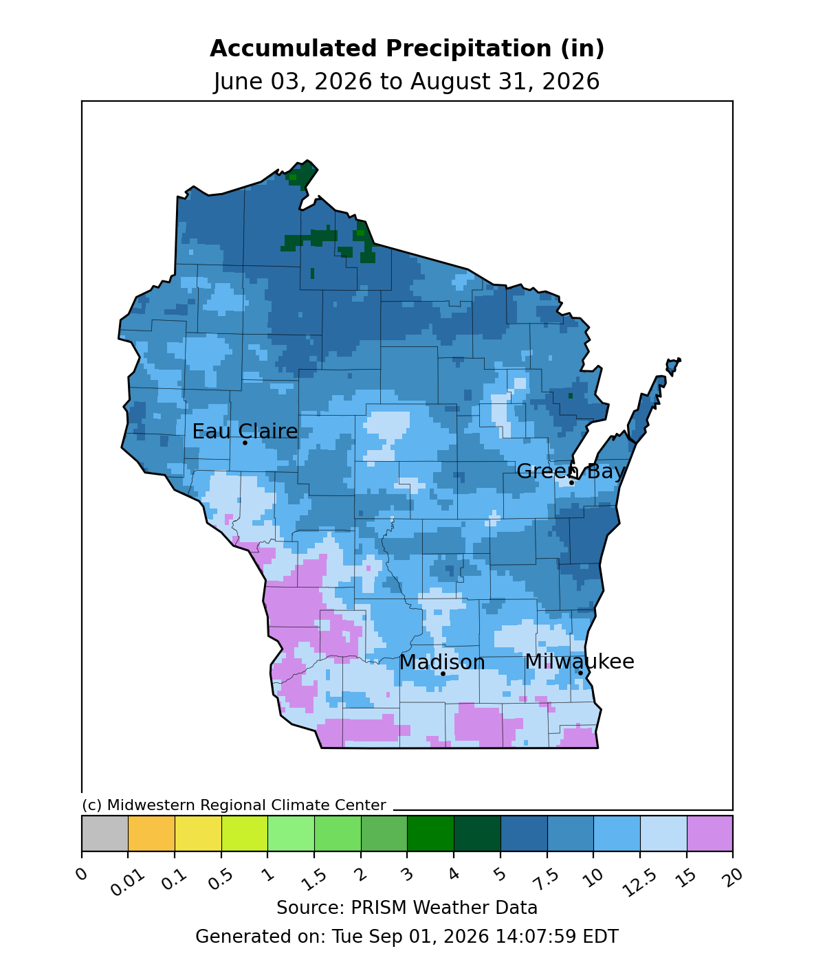Map displaying total accumulated precipitation in inches across Wisconsin from June 3 to August 31, 2026.