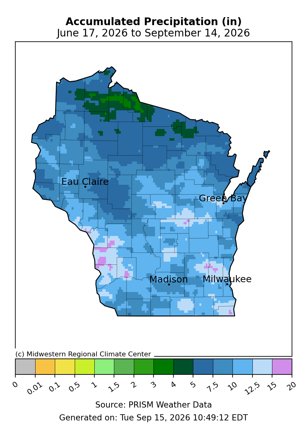 Map of Wisconsin total accumulated precipitation in inches from June 17 to September 14, 2026.