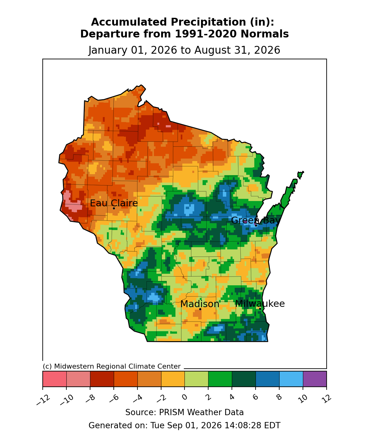 Map showing Wisconsin accumulated precipitation departure from 1991-2020 normals from January 1 to August 31, 2026.