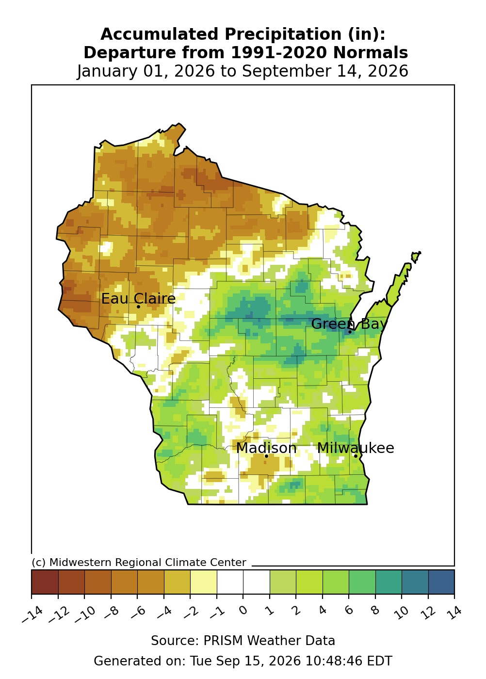 Map of Wisconsin year-to-date precipitation departure from 1991–2020 normals, January 1 to September 14, 2026.