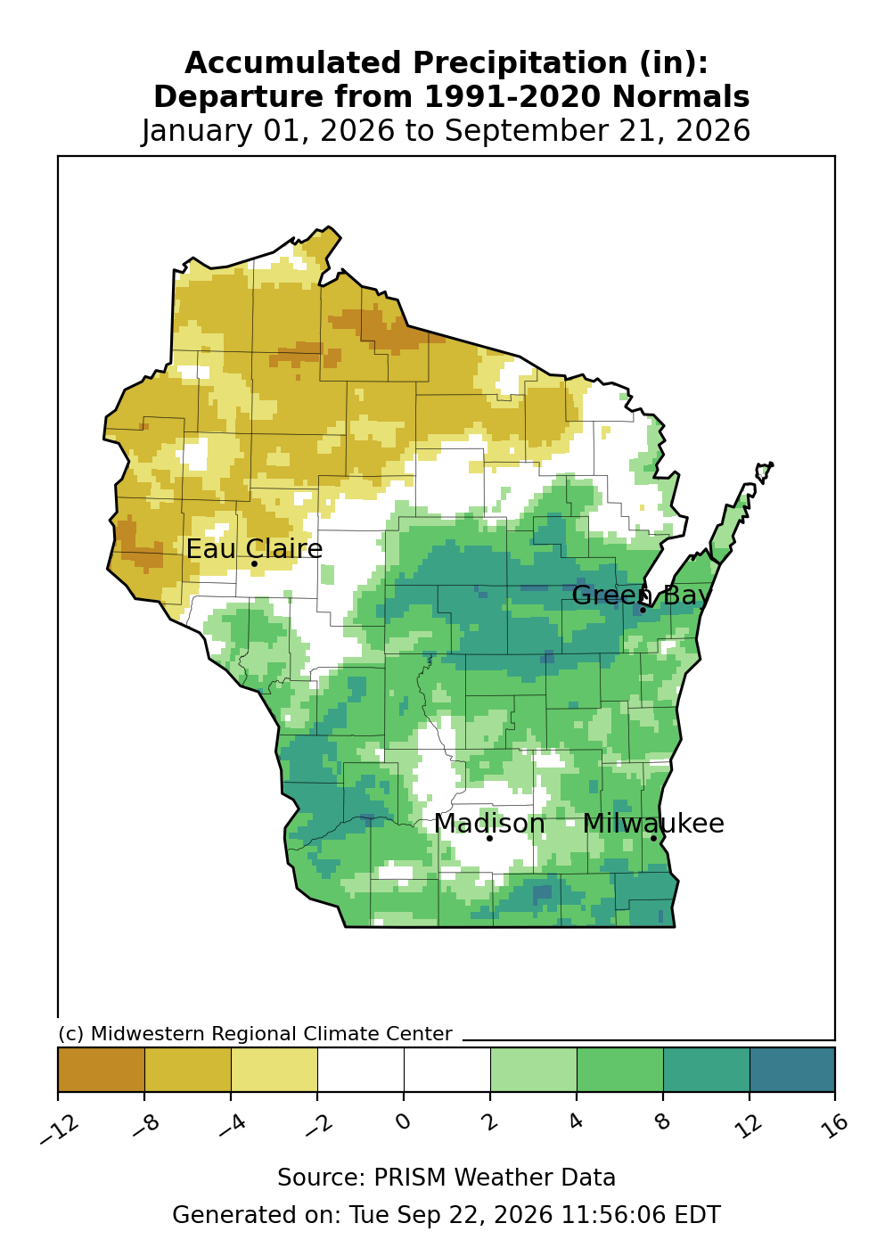Wisconsin map showing accumulated precipitation departure from normal in inches, January 1 to September 21, 2026.