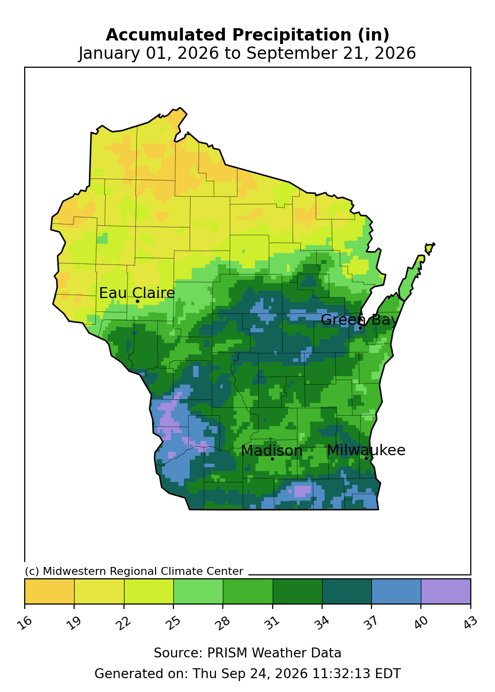 Map of Wisconsin accumulated precipitation in inches from January 1, 2026 to September 21, 2026.