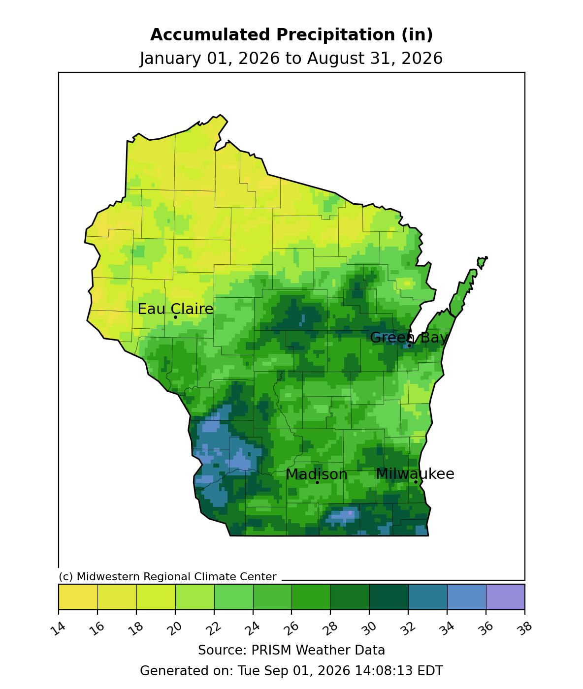 Map displaying total accumulated precipitation in inches across Wisconsin from January 1 to August 31, 2026.