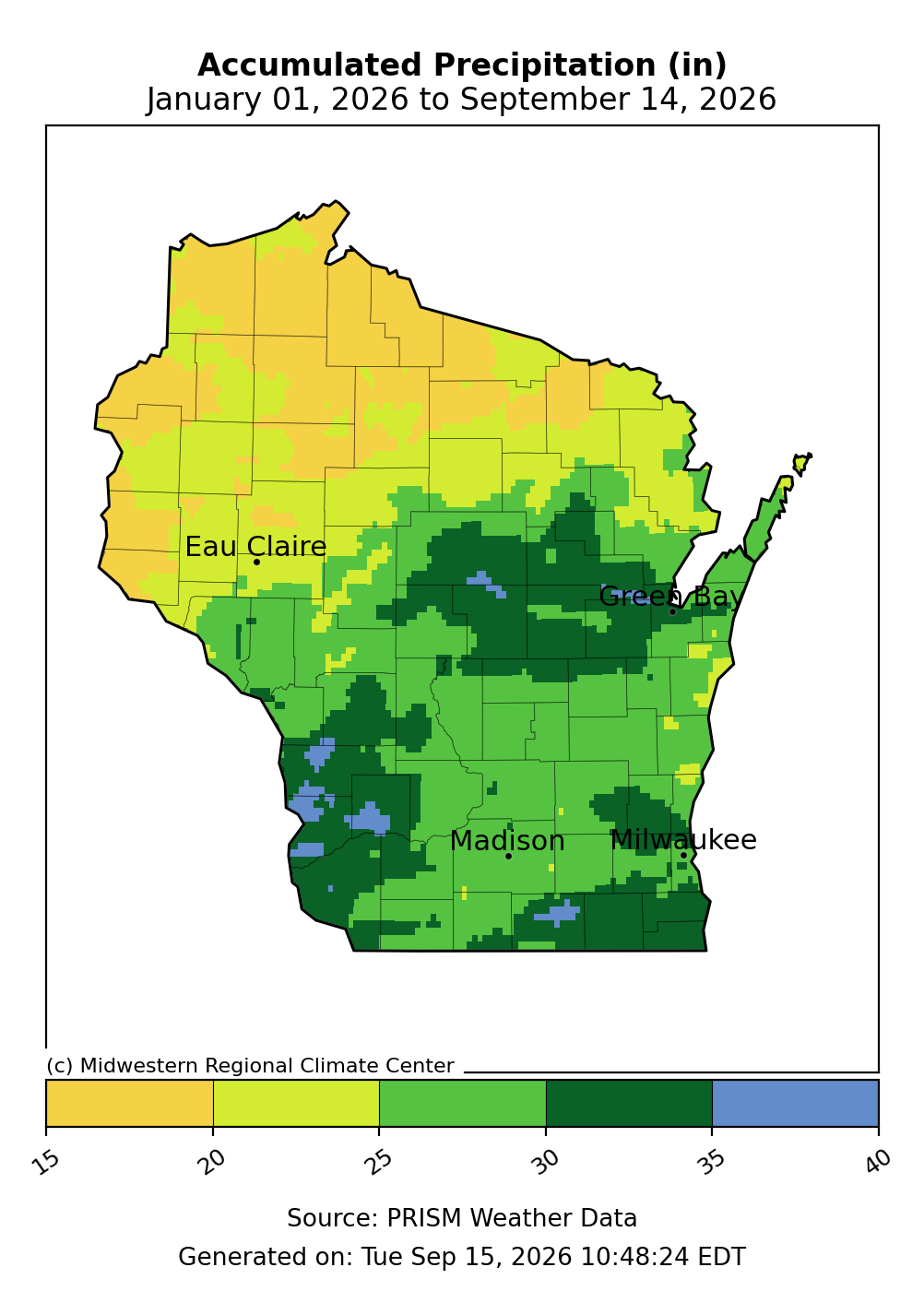 Map of Wisconsin year-to-date total accumulated precipitation in inches from January 1 to September 14, 2026.