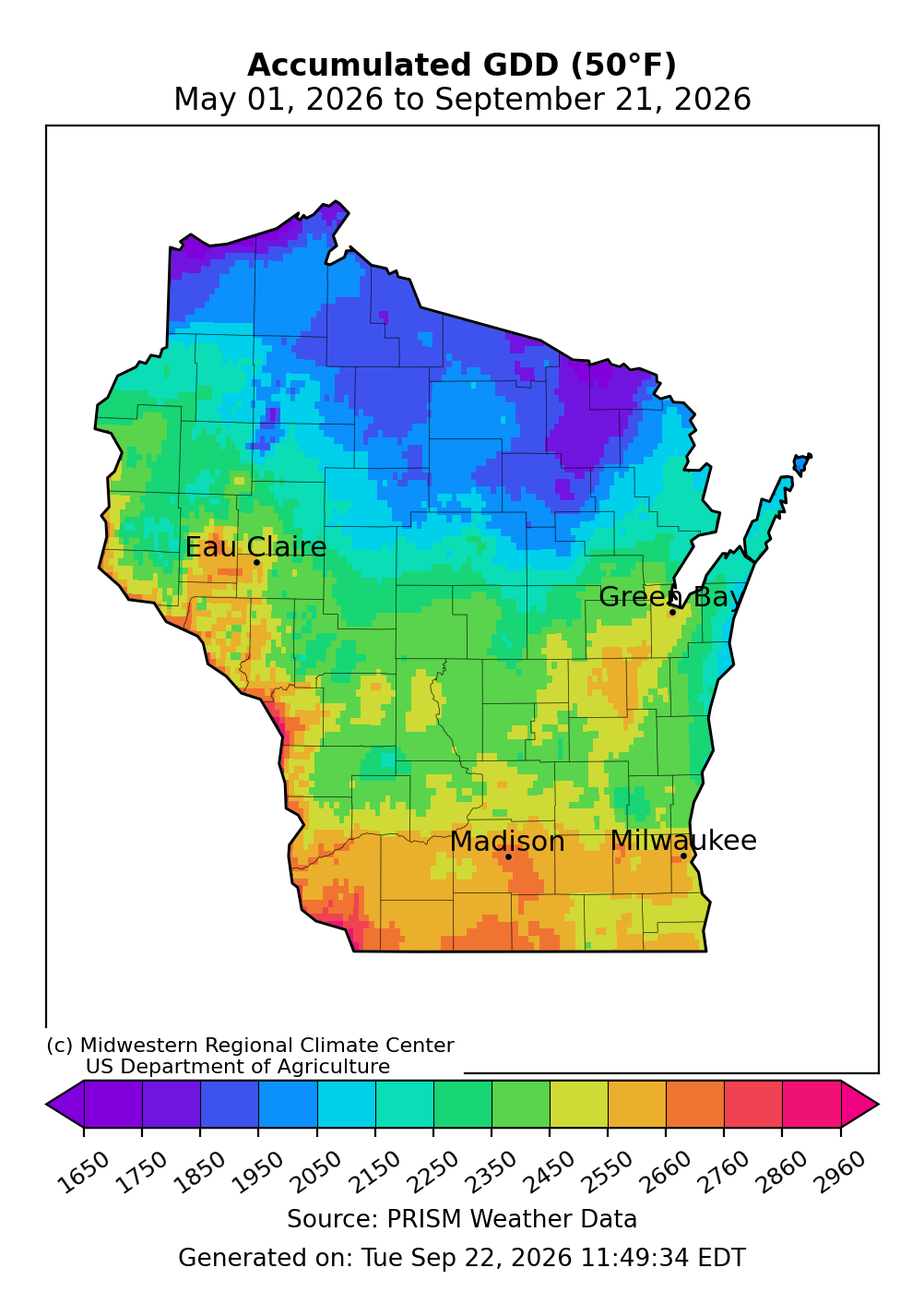 Wisconsin map showing accumulated Growing Degree Days (50°F base) from May 01 to September 21, 2026.