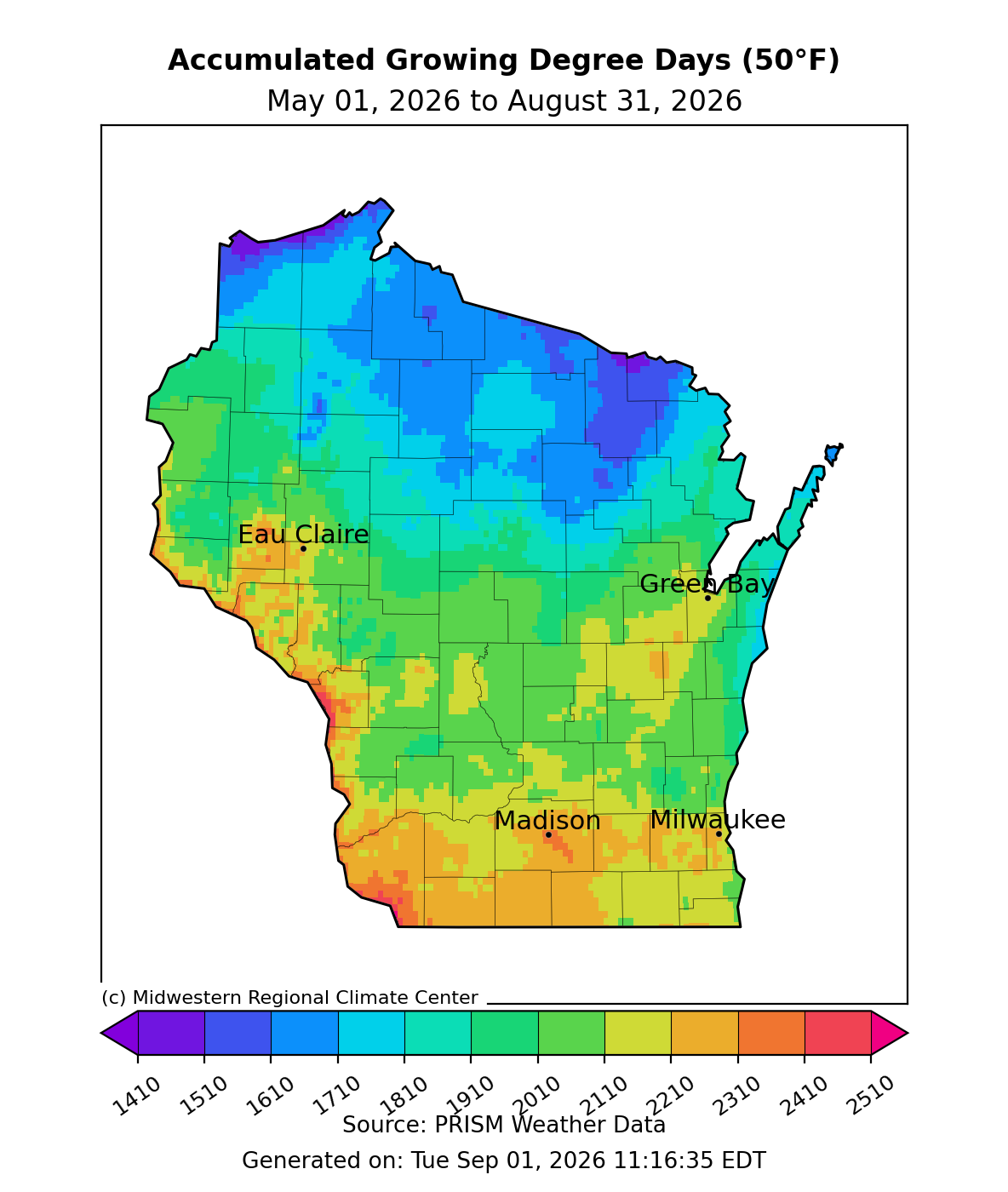 Map of Wisconsin accumulated growing degree days (base 50°F) from May 1 to August 31, 2026.